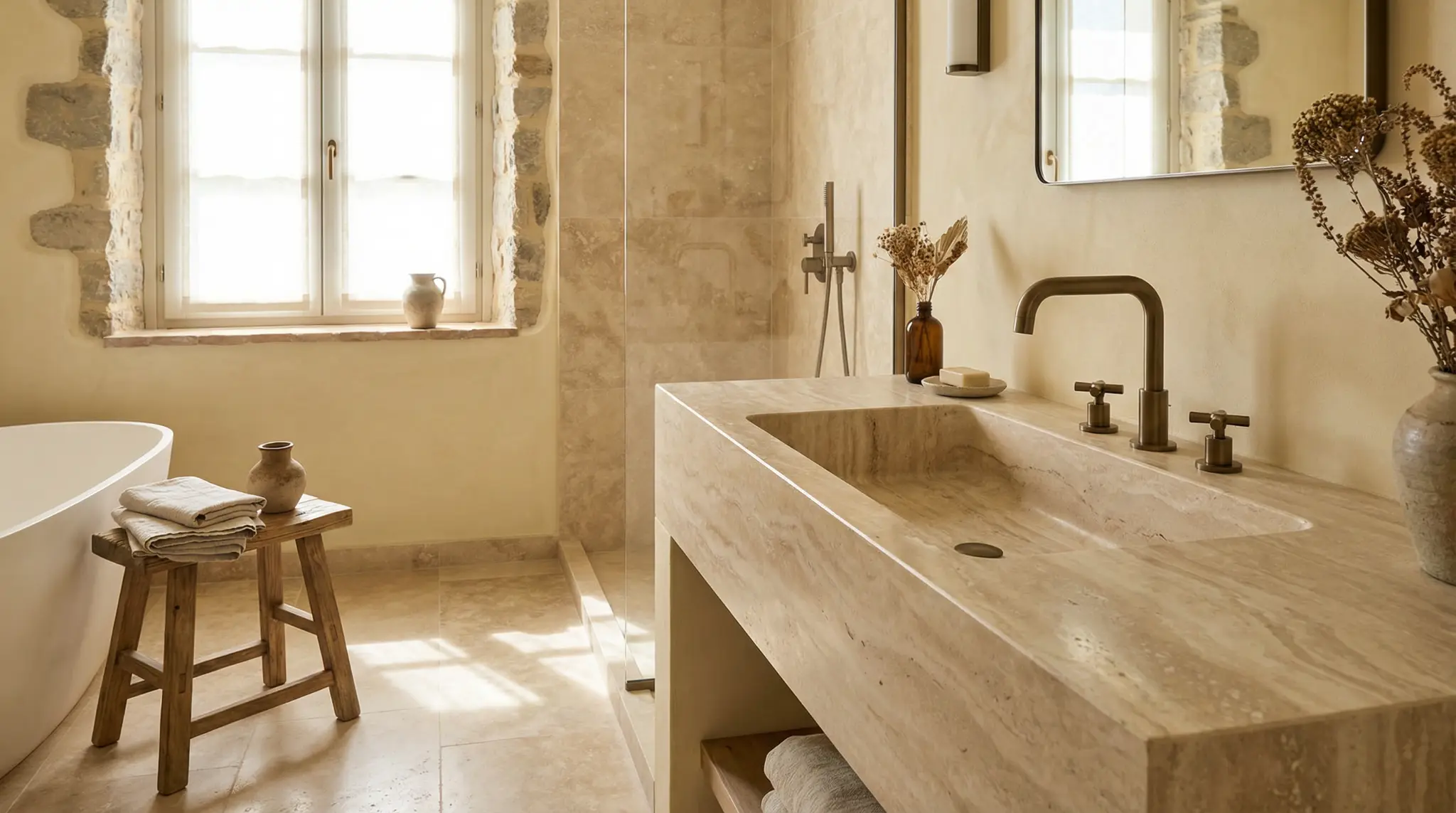 Bagno con lavabo in travertino