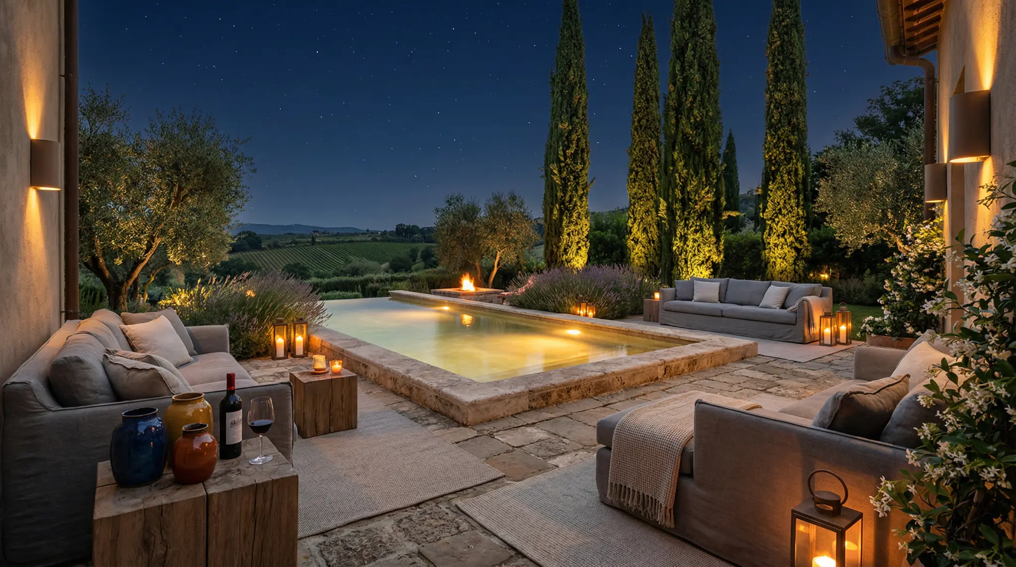 Piscina a sfioro con cipressi illuminati