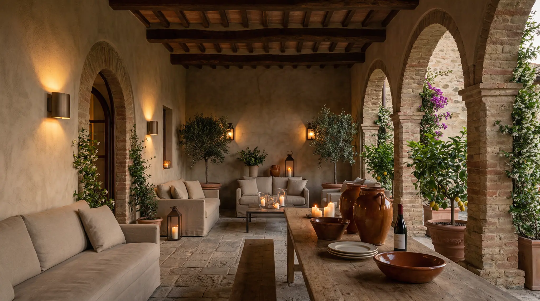 Loggia con archi e zona di soggiorno